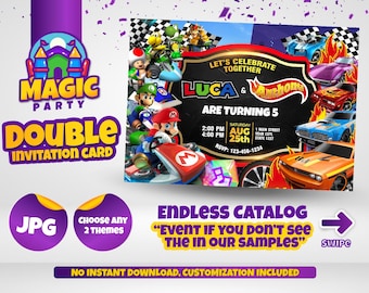 May include: A colourful invitation card for a double birthday party for Luca and Anthony turning 5. The card features a Mario Kart theme on one side and a Hot Wheels theme on the other. The text on the card reads "Let's Celebrate Together Luca & Anthony Are Turning 5".