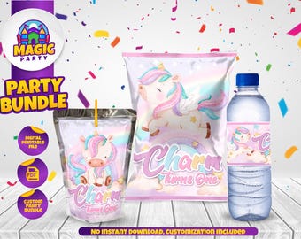 May include: A party bundle featuring a juice pouch, a snack bag, and a water bottle, all decorated with a pastel unicorn, rainbow, and clouds graphic. The text on the items reads "Charm Turns One" in a purple script font.