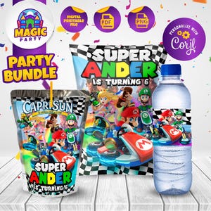 Puede incluir: Paquete de fiesta con temática de Mario Kart, que incluye una bolsa de bebida Capri Sun, una bolsa de bocadillos y una botella de agua. La bolsa Capri Sun y la bolsa de bocadillos tienen el texto "SUPER ANDER IS TURNING 6".