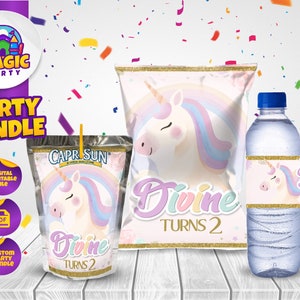 Unicorn Birthday Party Bundle (2 design options) Party Treats - Chip Bag - CapriSun - Water Bottle Labels - Personalized - DIGITAL F