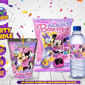 Pacchetto festa di compleanno Minnie Bow-tique - Dolcetti per la festa di Minnie e Daisy - Sacchetto di patatine - Succo di frutta - Etichette per bottiglie d'acqua - Personalizzato - FILE DIGITALE