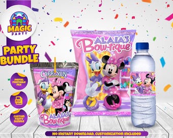 Zestaw na przyjęcie urodzinowe z kokardką Minnie – smakołyki na przyjęcie z Minnie i Daisy – paczka chipsów – sok – etykiety na butelki z wodą – personalizowane – plik cyfrowy