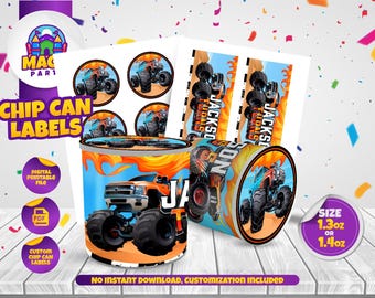 Monster Trucks Chip Can label - Size 1.3oz or 1.4oz -  Party Treats - Birthday Labels - Personalized - DIGITAL FILE