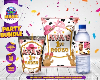May include: A party bundle featuring a juice pouch, a snack bag, and a water bottle with a cow print and pink cowboy hat theme. Each item displays the text AVA'S 1ST RODEO with illustrations of cacti, a lasso, and a cowboy boot in pink and brown.