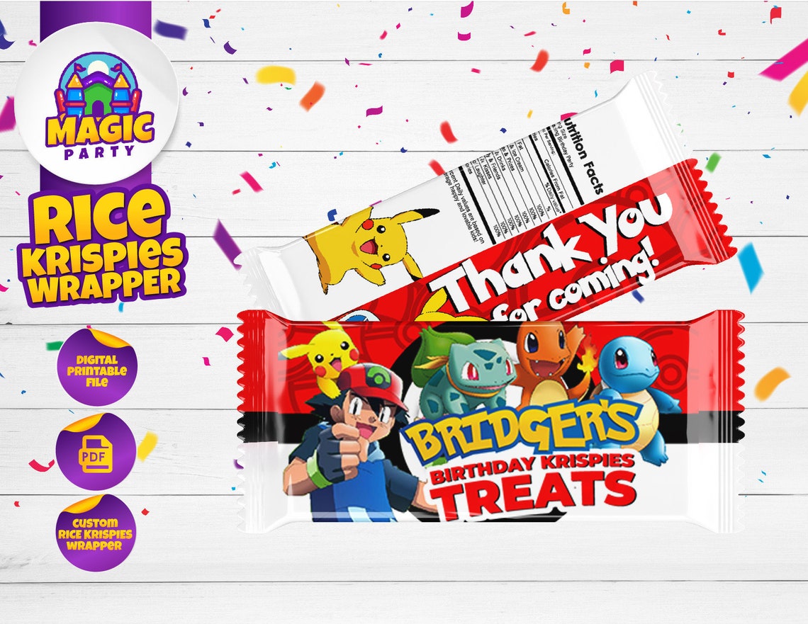 Pokemon Rice Krispies Wrapper - Birthday Candy Wrappers - Kids Rice ...