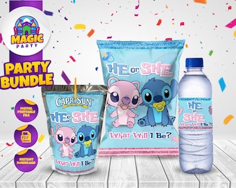 Baby Stitch & Angel Gender Reveal *Instant Download* - Party Bundle - Treats - Chip Bag - Capri Sun labels - Water Bottle - DIGITAL FILE