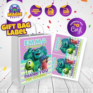 Torby na upominki Monster Inc. - rozmiar 5x7 - pamiątka urodzinowa - etykieta do druku - torby na słodycze - torby na prezenty - torby na słodycze - PLIK CYFROWY