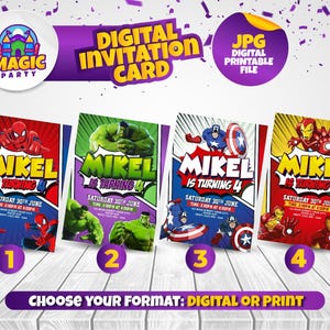 Cartão de convite de super-herói (4 opções de design) - Convite de aniversário 5x7 - Formato para impressão ou digital - Personalizado - ARQUIVO DIGITAL