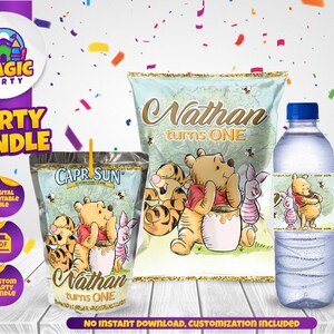 May include: A Winnie the Pooh themed party bundle with a digital printable file for a Capri Sun juice box, a water bottle, and a snack bag. The labels feature Winnie the Pooh and Piglet with the text "Nathan turns one".