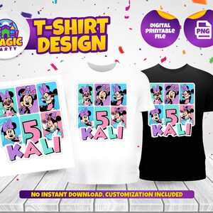 Puede incluir: Un dise&ntilde;o digital imprimible para una camiseta con un personaje de dibujos animados con un lazo rosa y el texto "KALI" y el n&uacute;mero "5". El dise&ntilde;o est&aacute; en estilo collage con m&uacute;ltiples im&aacute;genes del personaje en diferentes poses.