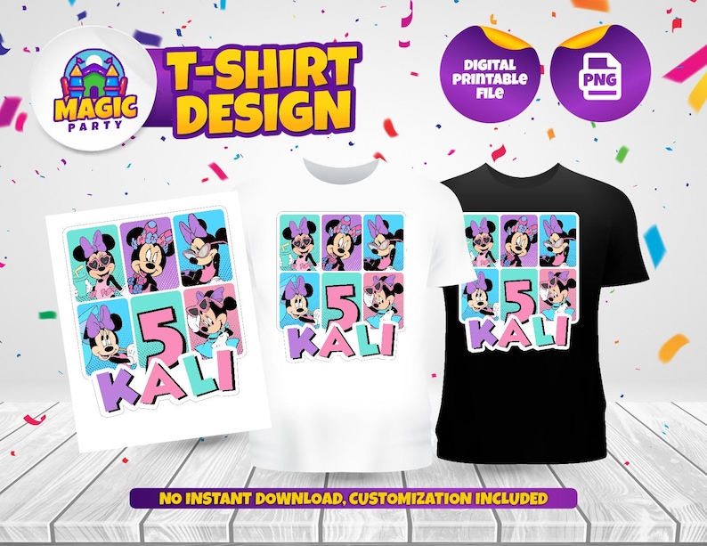 Puede incluir: Un dise&ntilde;o digital imprimible para una camiseta con un personaje de dibujos animados con un lazo rosa y el texto "KALI" y el n&uacute;mero "5". El dise&ntilde;o est&aacute; en estilo collage con m&uacute;ltiples im&aacute;genes del personaje en diferentes poses.