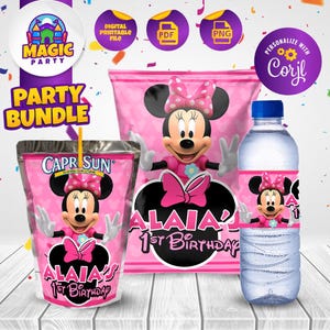 May include: A pink party bundle featuring Minnie Mouse. Includes a Capri Sun drink pouch, a snack bag, and a water bottle, all decorated with Minnie Mouse graphics and the text "ALAIA'S 1st BIRTHDAY". The bundle also includes digital printable files.