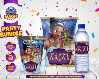 Tiana Birthday Party Favor Bundle – Personalized Chip Bag, Capri Sun, Water Bottle Labels (Digital File)