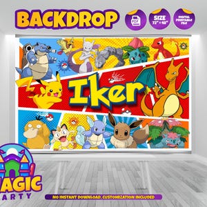 May include: A vibrant backdrop with cartoon characters like Pikachu and Charizard, and the name "Iker" in yellow. The backdrop measures 183cm x 122cm and includes the text "Backdrop" and "Magic Party".