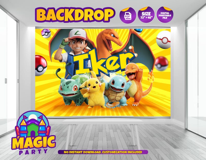 Pokemon Backdrop 72''x48'' (4 Design Options) - Customizable - Birthday ...