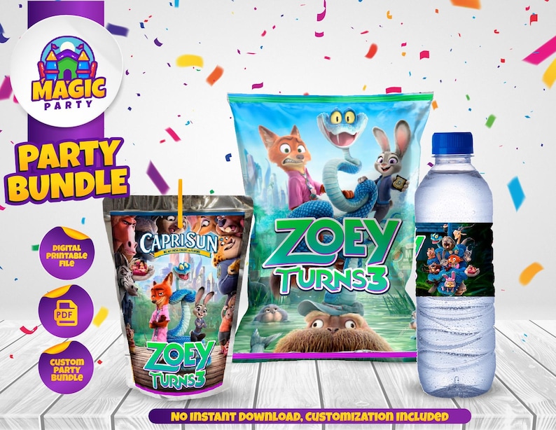May include: A party bundle featuring a Capri Sun juice pouch, a snack bag, and a water bottle, all with a colorful cartoon theme. The text "Zoey Turns 3" is prominently displayed. The bundle includes digital printable files and custom party options.