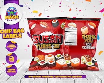 Sushi Birthday Party Treats - Chip Bag label - Personalized - DIGITAL FILE
