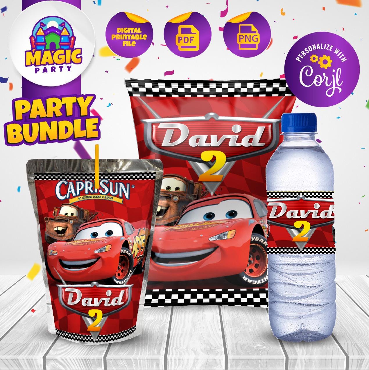 Cars Birthday Party Bundle - Cars Party Treats - Chip Bag - Capri Sun - Water Bottle Labels - Personalized - DIGITAL FILE