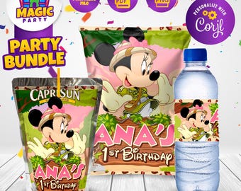 Minnie Safari Geburtstagsparty Bündel - Minnie Party Leckereien - Chipsbeutel - Capri Sonne - Wasserflaschenetiketten - Personalisiert - DIGITALE DATEI