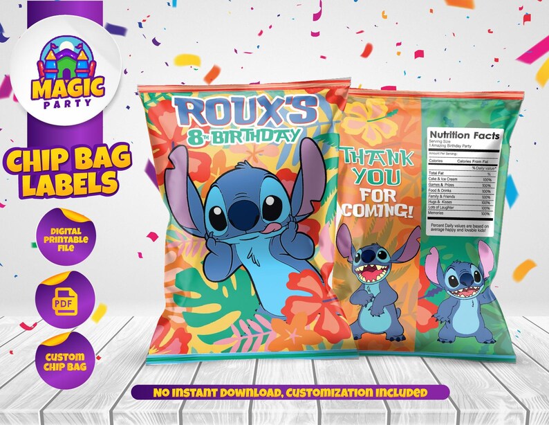 Stitch födelsedagsfest - Chip Bag-etikett - Festgodis - Personlig - Digital fil bild 1