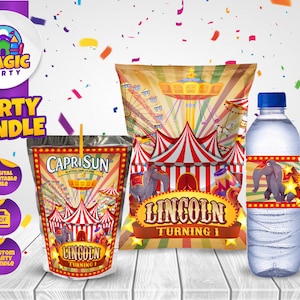 Circus Birthday Party Bundle - Carnival Party Treats - Chip Bag - Capri Sun labels - Water Bottle Labels - Personalized - DIGITAL FILE