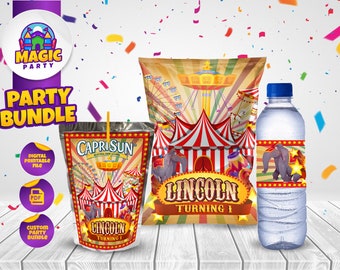 Circus Birthday Party Bundle - Carnival Party Treats - Chip Bag - Capri Sun labels - Water Bottle Labels - Personalized - DIGITAL FILE