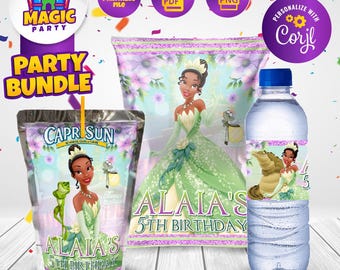 baby princess tiana birthday party favors bundle, princess and the frog party package birthday party labels party supplies party pintables