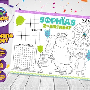 May include: A black and white coloring sheet featuring characters from the movie Monsters Inc. The sheet includes a word search, tic-tac-toe game, and a maze. The text "Sophia's 2nd Birthday" is at the top of the sheet.