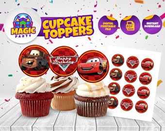 May include: Printable cupcake toppers featuring Cars characters, including Lightning McQueen and Mater. The toppers are red and white with a checkered pattern and the words "Happy Birthday".