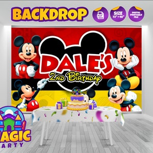 May include: A rectangular party backdrop featuring Mickey Mouse characters on a red, black, and yellow background with the text DALE'S 2nd BIRTHDAY. The digital file measures 72 inches by 48 inches and includes a table with a cake and gifts.
