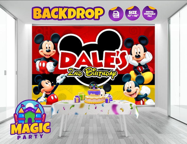 May include: A rectangular party backdrop featuring Mickey Mouse characters on a red, black, and yellow background with the text DALE'S 2nd BIRTHDAY. The digital file measures 72 inches by 48 inches and includes a table with a cake and gifts.