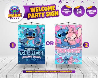 Stitch & Angel Welcome Sign (2 design options) - Birthday - Poster - 17x25in - Banner - Personalized - DIGITAL FILE
