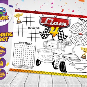 May include: A black and white coloring sheet featuring a Cars themed birthday party. The sheet includes a word search, tic-tac-toe game, maze, and a coloring page of Lightning McQueen and Mater. The sheet is titled "Liam 4".