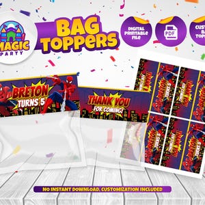 Op de afbeelding: Zaktoppers met Spider-Man-afbeeldingen. Het ontwerp bevat de tekst "BRETON TURNS 5" en "THANK YOU FOR COMING!". De afbeelding toont ook een "MAGIC PARTY"-logo en de woorden "BAG TOPPERS".