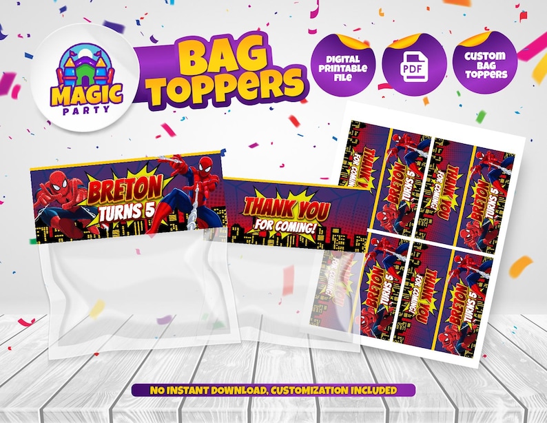 Op de afbeelding: Zaktoppers met Spider-Man-afbeeldingen. Het ontwerp bevat de tekst "BRETON TURNS 5" en "THANK YOU FOR COMING!". De afbeelding toont ook een "MAGIC PARTY"-logo en de woorden "BAG TOPPERS".