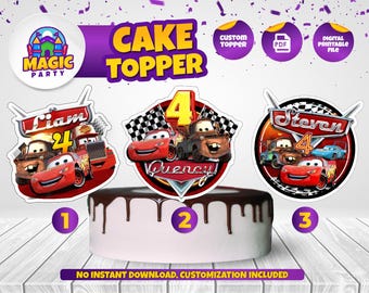 May include: Three custom cake toppers featuring animated race car characters, checkered flags, and the names Liam, Quency, and Steven with the number 4. The design includes text reading CAKE TOPPER, CUSTOM TOPPER, PDF, DIGITAL PRINTABLE FILE, and NO INSTANT DOWNLOAD.