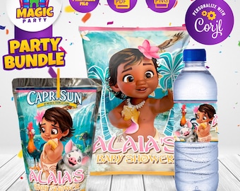 Paquete de Moana para baby shower - Regalos para fiesta - Bolsa de papas fritas - Etiquetas Capri Sun - Etiquetas para botellas de agua - Personalizado - ARCHIVO DIGITAL