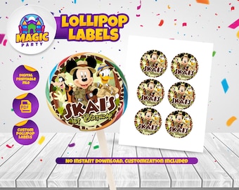 Etiqueta para piruleta Mickey Safari - Tamaño 2,7 pulgadas - Delicias para fiestas - Artículos de cumpleaños - Personalizada - ARCHIVO DIGITAL