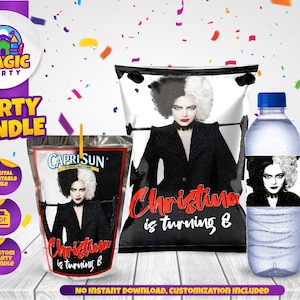 Cruella Birthday Party Bundle - Party Treats - Chip Bag - Capri Sun labels - Water Bottle Labels - Personalized - DIGITAL FILE