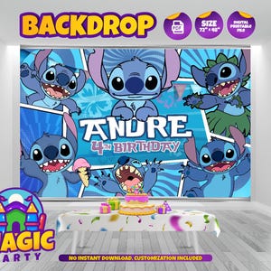 May include: A blue backdrop featuring the character Stitch from Lilo & Stitch, with the text "Andre 4th Birthday". The backdrop is 72" x 48" and includes the text "Backdrop" and "Magic Party".