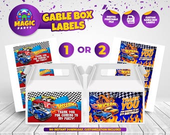 May include: Digital printable gable box labels featuring a racing car theme with checkered flags and orange flames. The labels include text such as "Thank you for coming to my party" and "Thank you for coming to my 5th birthday" with customizable names.