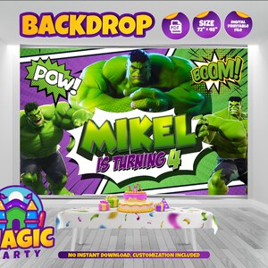 May include: A green and purple backdrop with a comic book theme featuring a green superhero character. The backdrop says "POW!" and "BOOM!" and has the text "Mikel is turning 4".