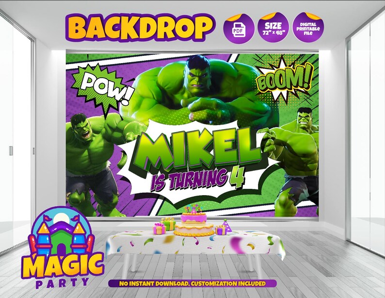May include: A green and purple backdrop with a comic book theme featuring a green superhero character. The backdrop says "POW!" and "BOOM!" and has the text "Mikel is turning 4".