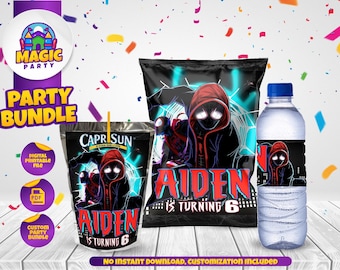 Miles Morales Birthday Party Bundle - Party Treats - Chip Bag - Capri Sun - Water Bottle - Personalized - DIGITAL FILE