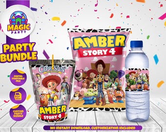 Paquete de fiesta de cumpleaños de Toy Story (2 opciones de diseño): golosinas, bolsa de papas fritas, Capri Sun, etiquetas para botellas de agua, personalizado, archivo digital.