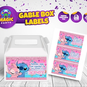 Stitch & Angel Gable Boxlabel - Afdrukbaar - Feestsnoepjes - Bewerkbare sjabloon - Feestgunst - Gepersonaliseerd - Kinderverjaardag - DIGITAAL BESTAND