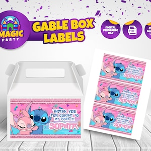 Stitch & Angel Label Gable Boxes - Printable - Party Treats - Editable Template - Party Favor - Personalized - Kids Birthday - DIGITAL FILE