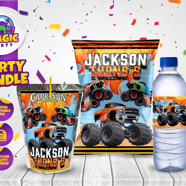 Bundle fête d'anniversaire Monster Trucks - course - friandises de fête - sac de chips - étiquettes Capri Sun - étiquettes de bouteille d'eau - personnalisée - fichier numérique