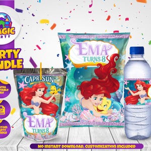 Ariel Birthday Party Bundle - Little Mermaid Party labels - Chip Bag - CapriSun - Water Bottle - Personalized- DIGITAL FILE