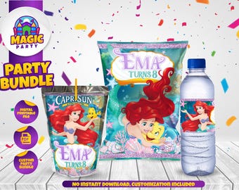 Paquete de fiesta de cumpleaños de Ariel - Etiquetas para fiesta de La Sirenita - Bolsa de papas fritas - CapriSun - Botella de agua - Personalizada - ARCHIVO DIGITAL